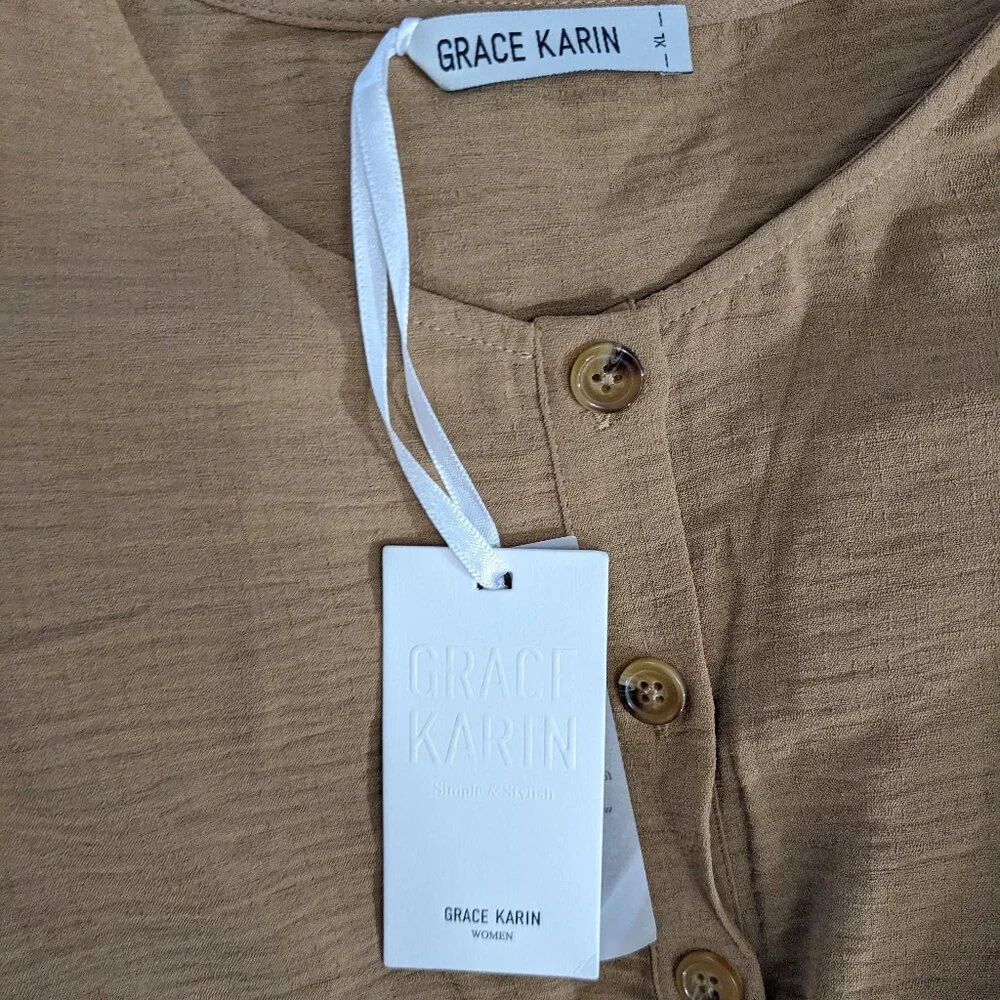 NWT Grace Karin Beige Sleeveless Summer Textured Midi Dress Belted Buttons XL - Picture 11 of 13